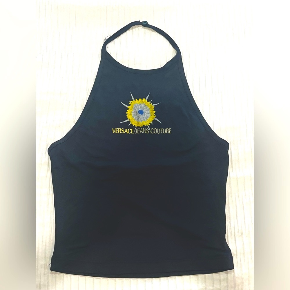 Versace Logo Blue  Halter Camisole with Sunflower Design XS